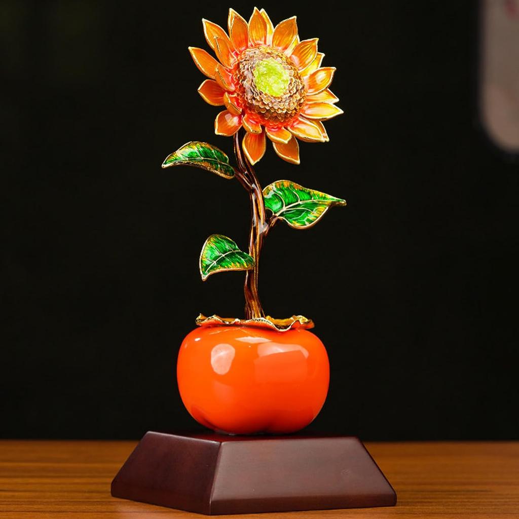 Aris & Juno Alloy Enamel Persimmon & Sunflower Sculpture, Modern Chinese Style Blessing Figurine, Wood Base for Office Desk Home Shelf Decor