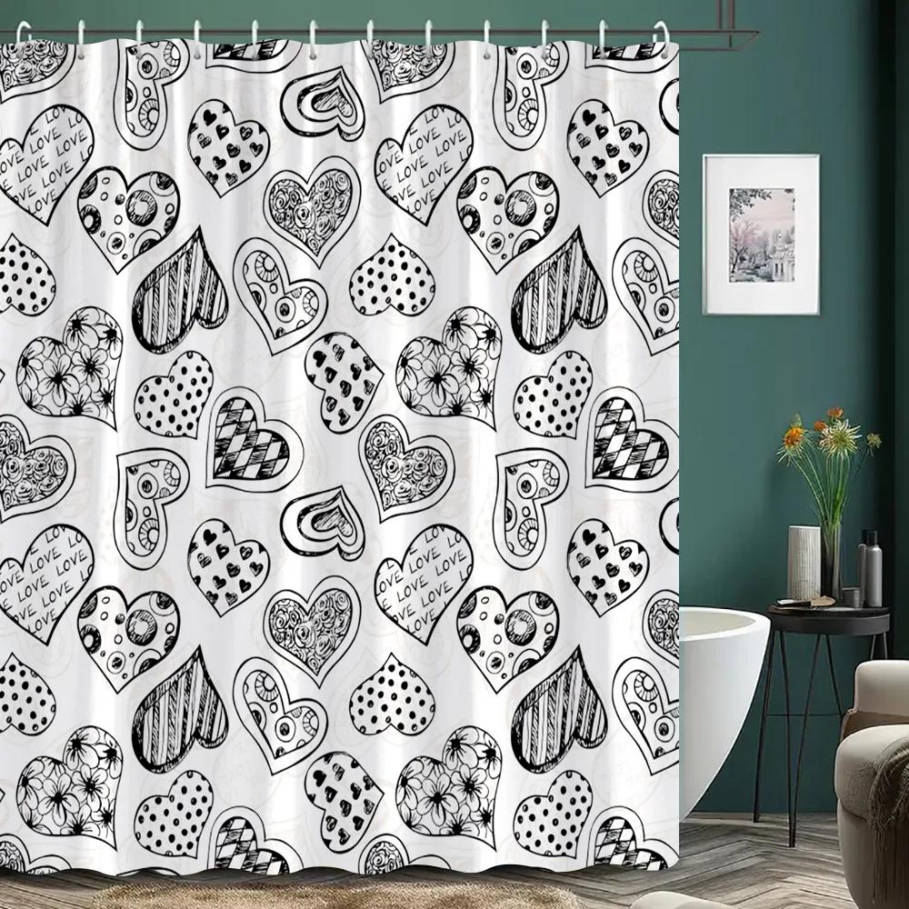 

Black and White Heart Print Shower Curtain Abstract Geometric Pattern Modern Simple Home Shower Curtain Polyester Bathroom Decor 90x180cm