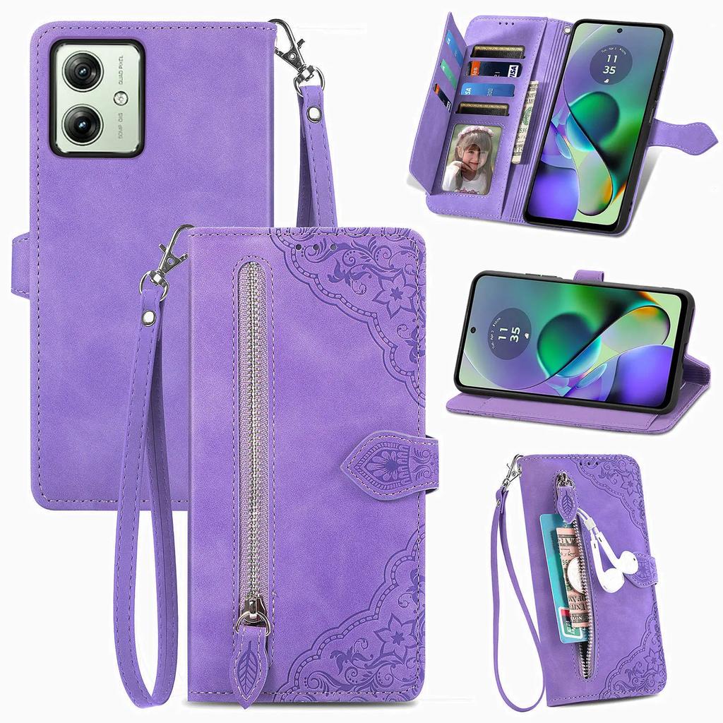 Zipper Cards Solt Leather Wallet Case for Motorola Moto G84 G54 G73 G53 G23 G72 G32 G60 G42 G52 Purse Pocket Stand Flower Cover