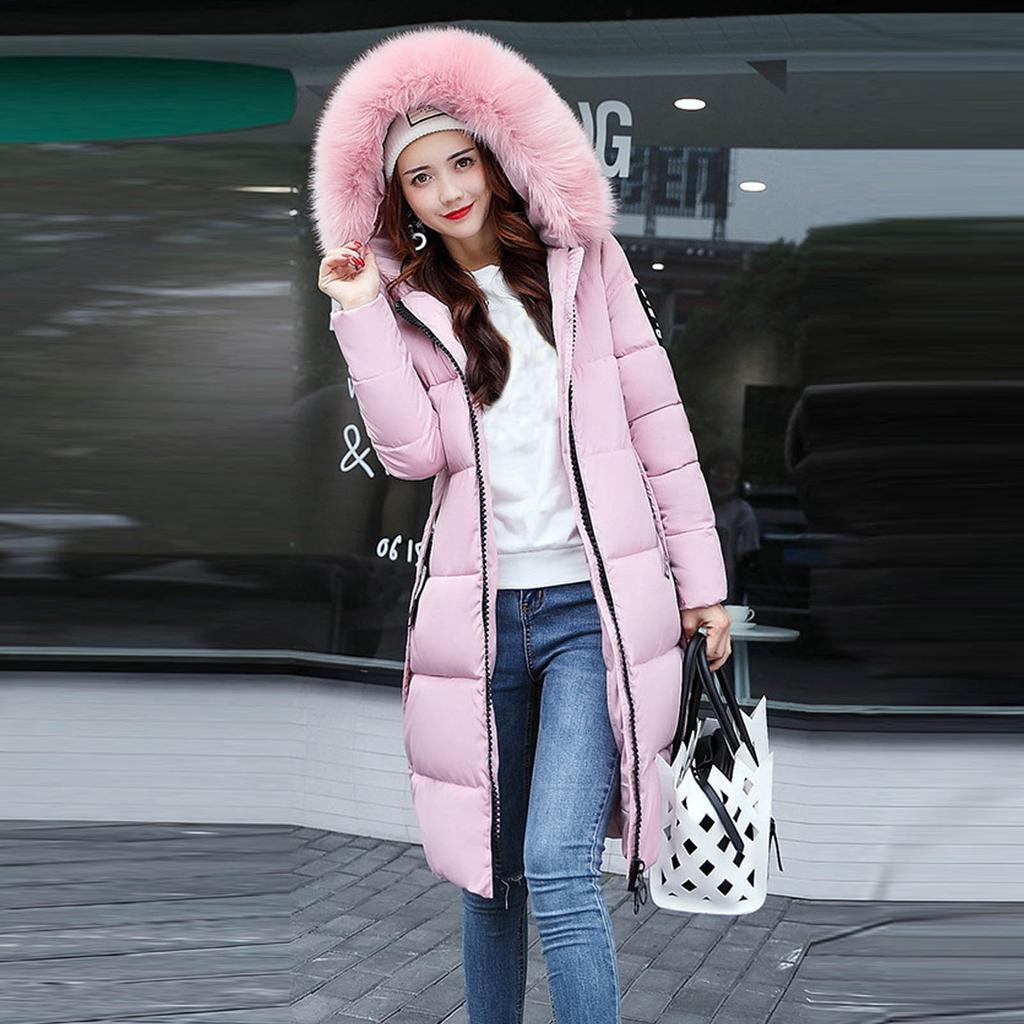 Women's Fashion Big Hair Collar Slim Waist Long Down Cotton Jacket Cotton Coat