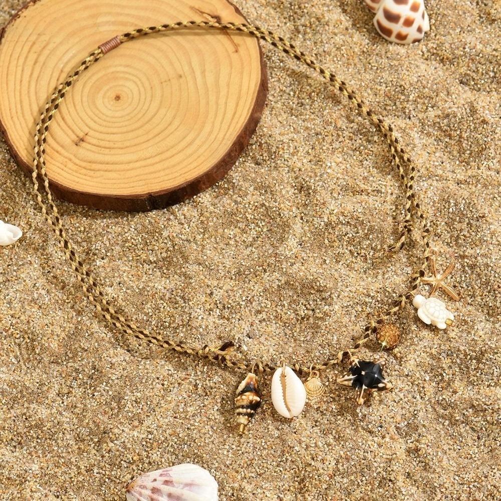 

Vintage Beach Party Necklace Orange Weave Shell Choker Jewelry Ceramic Fish Pendant Dopamine Style кофейный