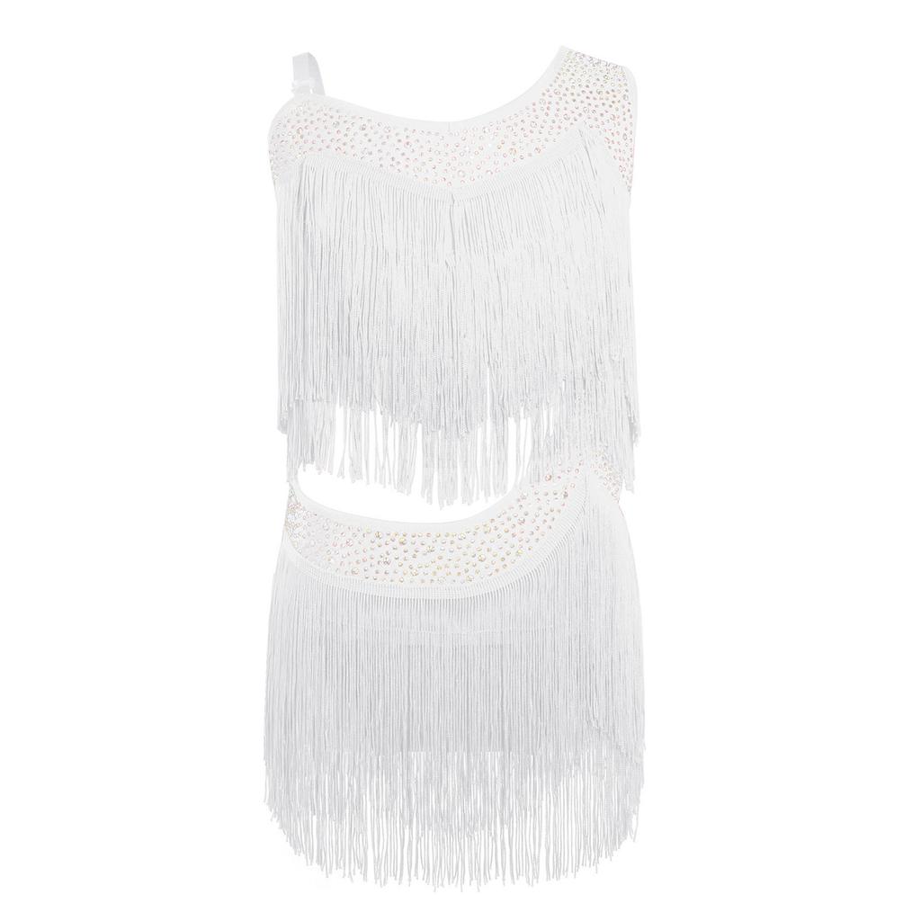 Vestido de Danza Latina para Niñas con Borlas, Flecos Asimétricos, Pedrería Brillante, Recorte, Disfraz para Actuación en Escenario