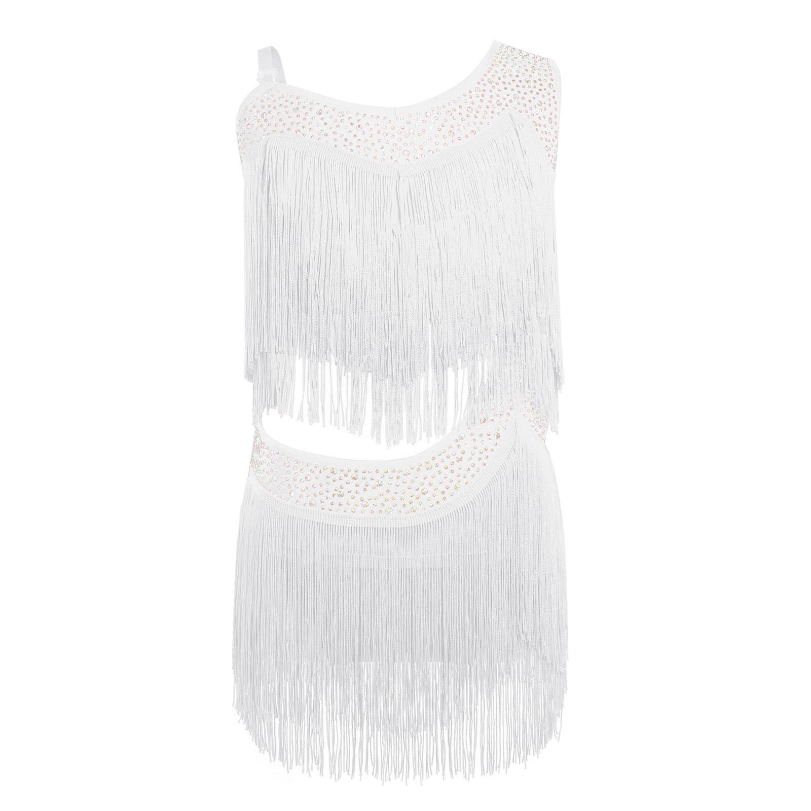 

Girls Tassel Latin Dance Dress Asymmetrical Fringe Shiny Rhinestones Cutout Stage Performance Costume 5-6 Years білий