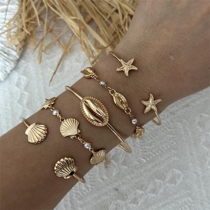 Conjunto de Pulseiras Boêmias de Conchas de Estrela-do-Mar: Design de Cerâmica Macia e Miçangas de Arroz para Mulheres