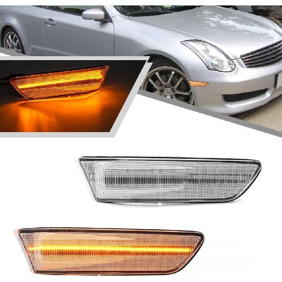 

2Pcs Full LED White Side Marker Lights for Infiniti G35 coupe Skyline V35 2003-2007 Clear Lens Front Turn Signal Sidemarker Lamp OEM Replacement Amber LED - Clear Lens