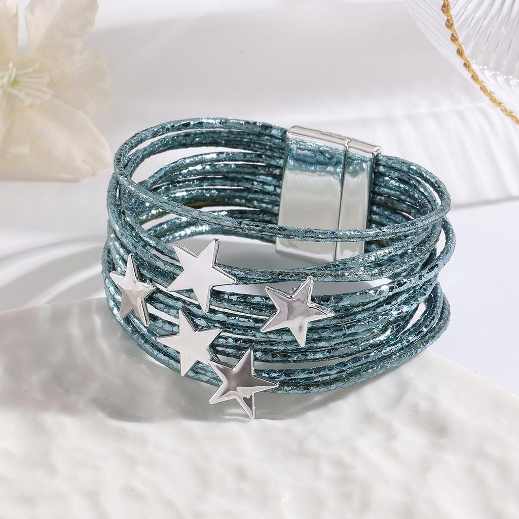 Multilayer Leather Bracelet with Star Charm and Magnetic Closure for Women