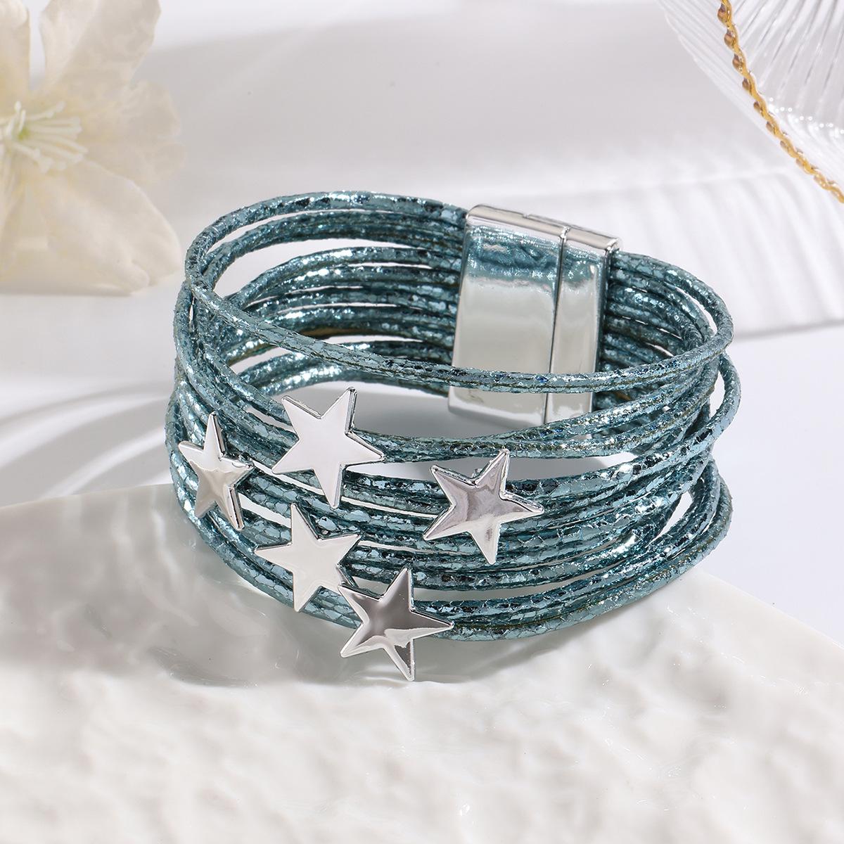 

Multilayer Leather Bracelet with Star Charm and Magnetic Closure for Women синій