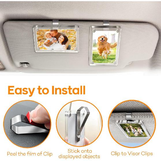 6-Pack Stainless Steel Clips with 3M Adhesive – DIY Sun Visor Mounting Kit for Photo Frames (Not Included) – Strong Hold Car Visor Accessory for