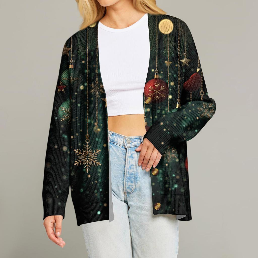 Women's Fashion Long Sleeve Print V-Neck Button Loose Cardigan Top