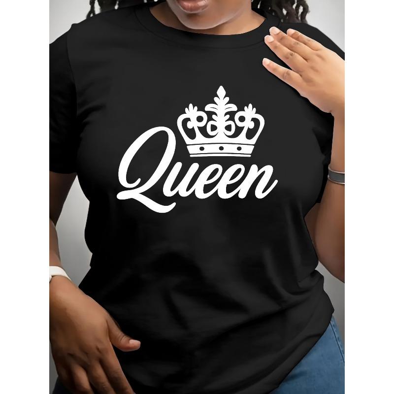 Casual Short-Sleeve Pullover for Women Featuring a Graphic of a Crown And The Word 'Queen', Perfect for Spring And Summer Fashion, Versatile Top