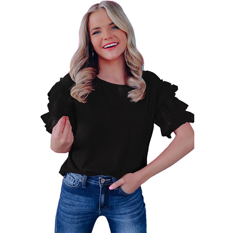 European and American Summer Gauze Ruffle Sleeve Women's Cropped T-Shirt