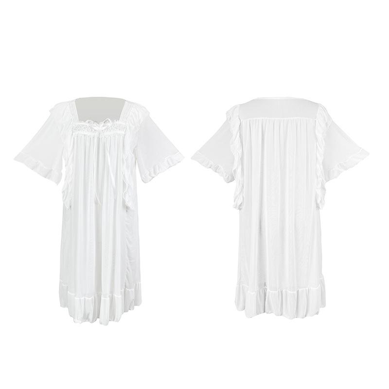 Women's White Fairy Net Yarn Nightgown – Square Neck, Ruffle, Loose Fit, Court Style Loungewear