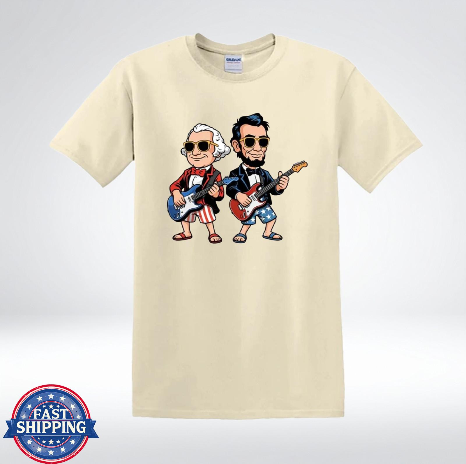 Funny Washington Lincoln Guitar Shirt Patriotic Cartoon USA T-Shirt XXL