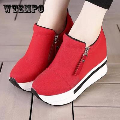 Zapatos de Lona de Caña Alta para Mujer Primavera y Otoño Zapatos con Aumento Interno Cremallera Lateral Antideslizantes Suela Gruesa Zapatos Individuales