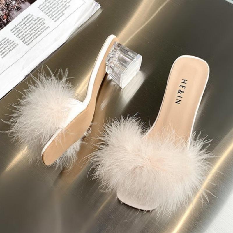 Women's Slippers Fashion Fur Fluffy Slippers Summer Peep Toe High Heeled Sandals for Women Crystal Heel Slipper Zapatos De Mujer