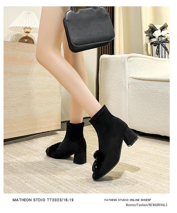 Autumn/Winter 2025 Women's Fur Velvet Stretch Chunky Heel Short Sock Boots