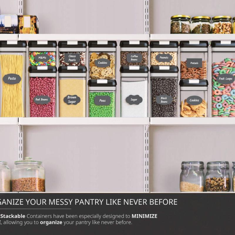 Sada vzduchotěsných nádob na skladování potravin – 7 PC set – Štítky – Nádoby pro uspořádání kuchyně a spíže – Bez BPA – Průhledné plastové kanystry na mouku