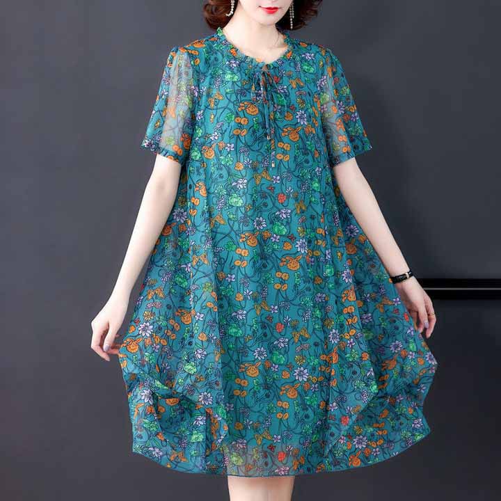 Women's Oversized Dress Printing Round Neck Short Sleeved Loose Mesh Dress Mid Length Simple Commuting Summer