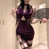 Purple Lingerie Sexy Cheongsam Velvet Lace Paneled Nightclub Costume Temptation Nightgown Set