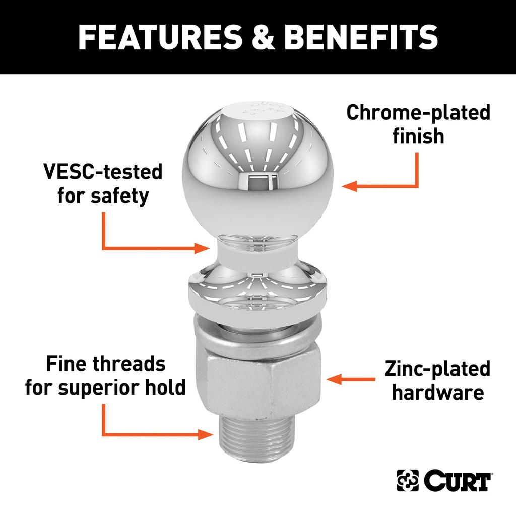 CURT 40007 Chrome Trailer Hitch Ball, 10-Pound, 2-5/16" Diameter, 1 X 2-1/4" Shank