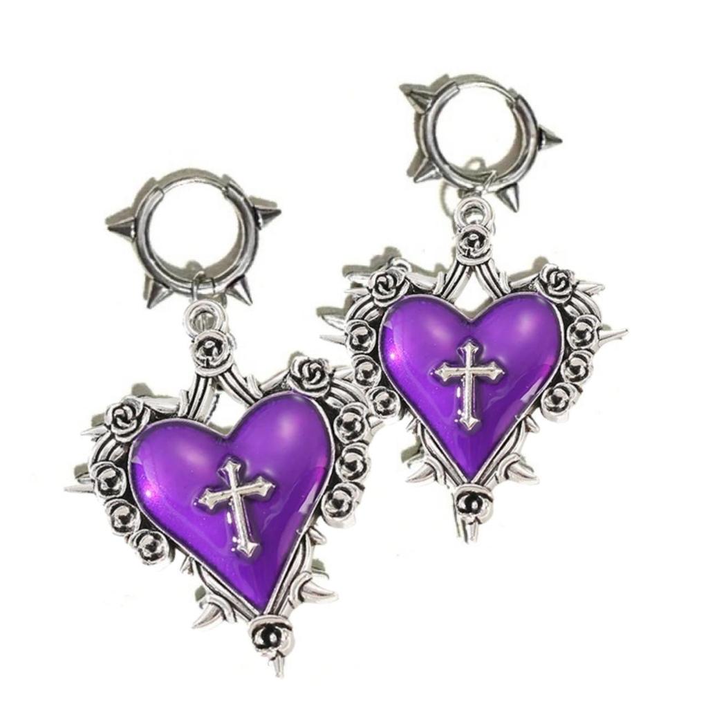Gothic Punk Sliver Color Liquid Metal Red Thorn Heart Cross Shape Hoop Pendant Earrings for Women Halloween Party Jewelry Gifts