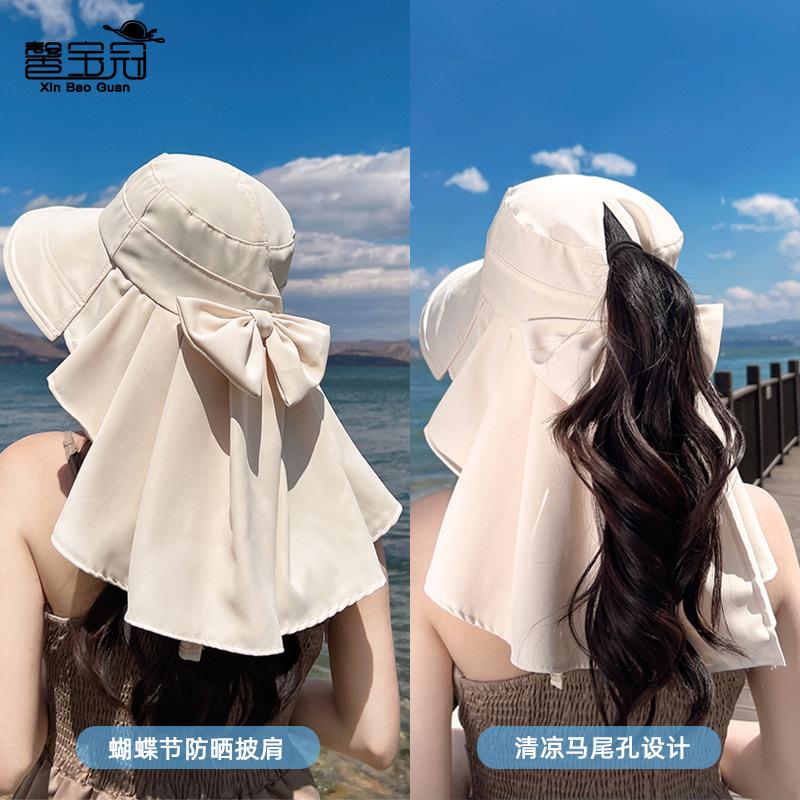 8459 spring and summer outdoor sunscreen visor big brim shawl bucket hat fashion with ponytail hole hat women