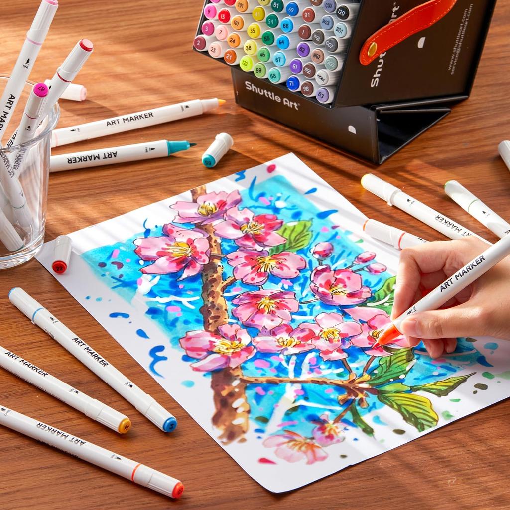 Shuttle Art Illustration Markers, 60 Colors, Beginner Set: Includes both thick and thin tip markers and a blender pen. Fine-tipped, oil-based, alcohol