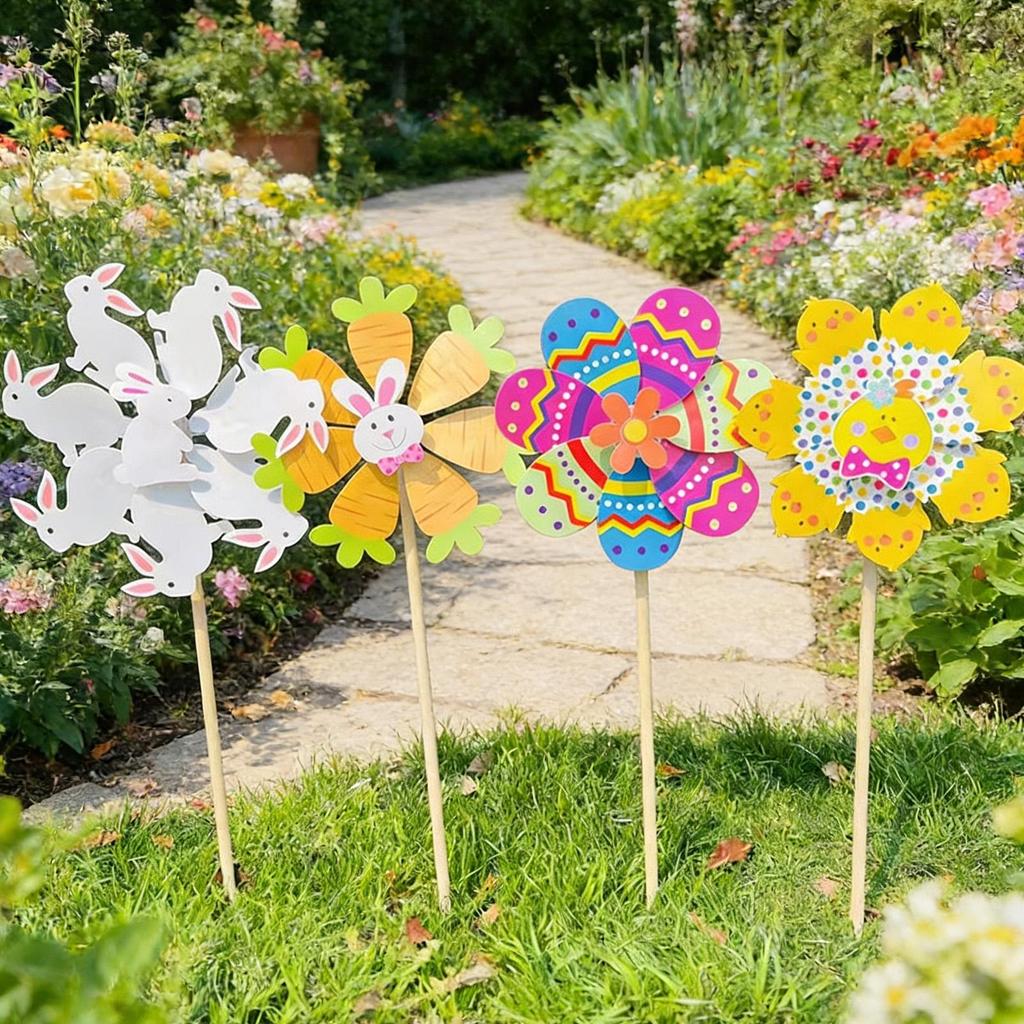 12pcs Easter Windmills Spring Garden Spinners Windmills Decor Cartoon Egg Bunny Chick Spinner Windmills For Yard Lawn Ornament