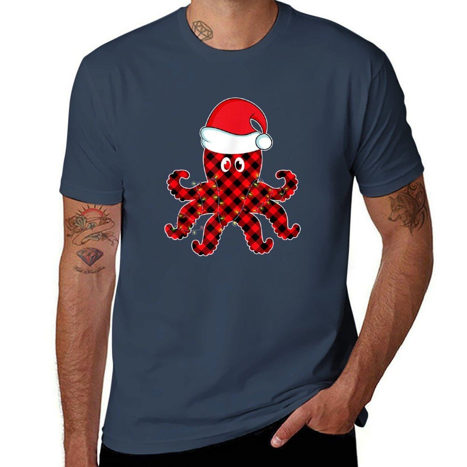 Red Plaid Octopus Christmas Lights Pajamas Kids T-Shirt man t shirt heavy cotton T-Shirt S