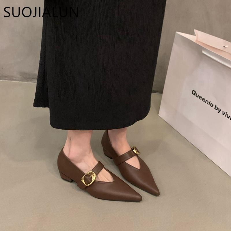 Fashion SUOJIALUN Women Flat Shoes Fashion Pointed Toe Shallow Slip On Ladies Dress Ballet Shoes Flat Heel Ladies Casual Mary Jane Shoes