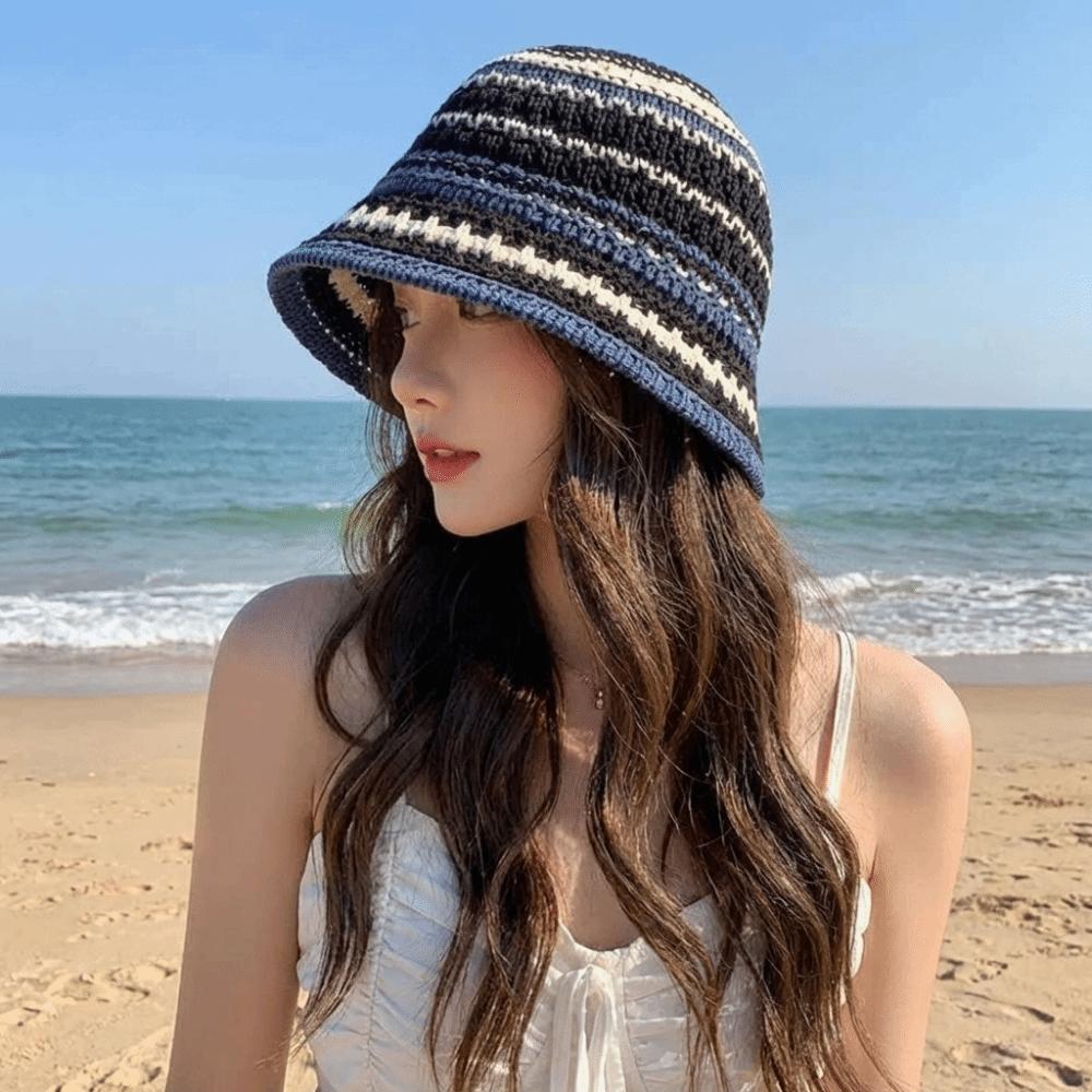 Colorful Knitted Bucket Hat Stripe Sun Protection Cap Elegant Sunshade Basin Cap  Women