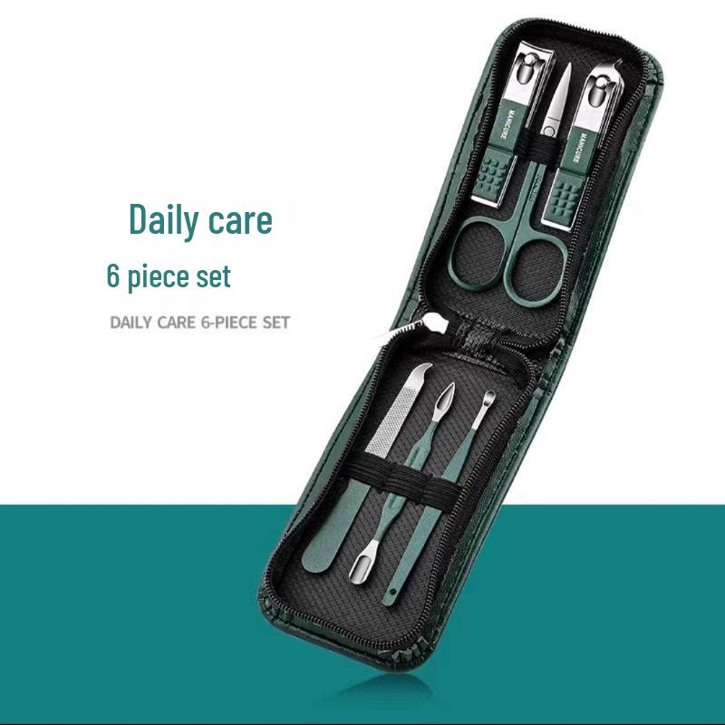 Dark Green Zipper Pouch: 6-Piece Black Nail Clipper and Manicure Set