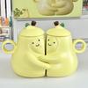 2Pcs Pear Shaped Ceramic Mug with Lid Cute Unique Coffee Tea Cup with Smiling Face 450ml Capacity Couple Hug Mugs Gift for Birthday Home Decor