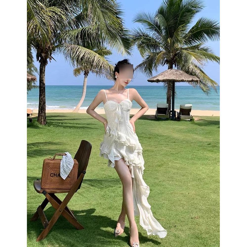 Small floral suspender skirt women's dress summer girl design sense irregular stacking long skirt sweet spice girl lotus leaf edge