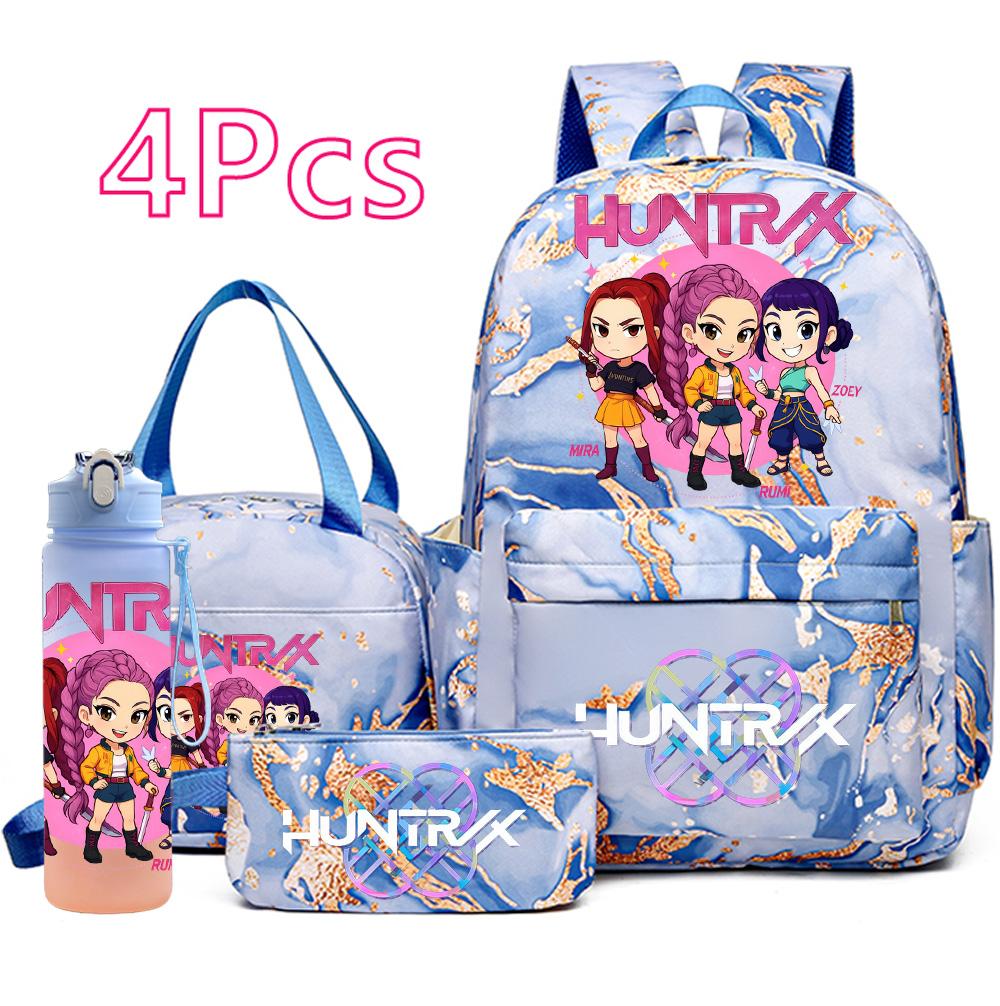 4 st/set K-Pop Tryckt Ryggsäck Handväska Pennfodral med 750 ml Vattenflaska för Tonårspojke Flicka Skolväska Student Stor Kapacitet Bokväska Barn Gåva