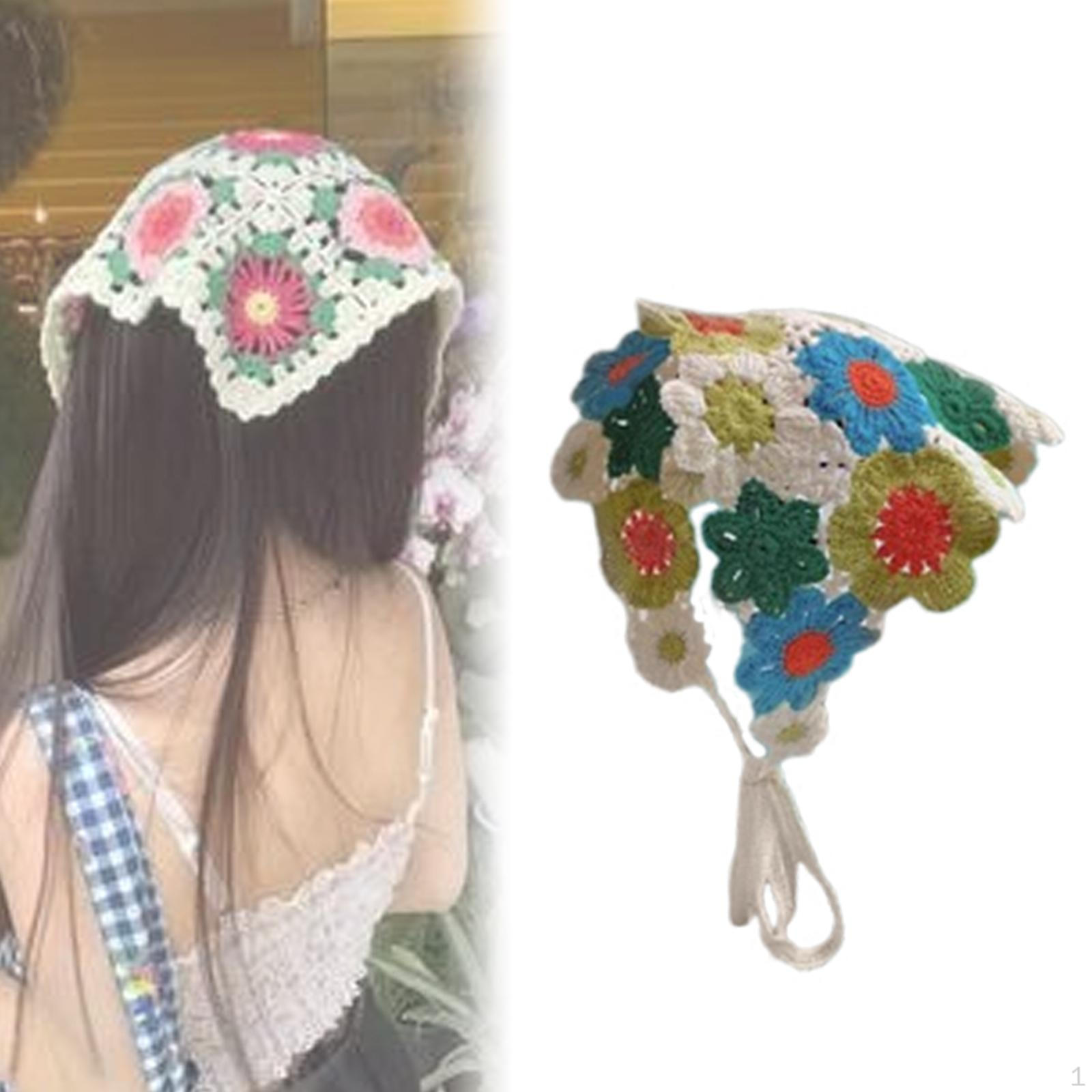 

Женская вязаная крючком бандана, милое украшение, стильный винтажный галстук, завязанный ободок для волос Blue Green Flowers