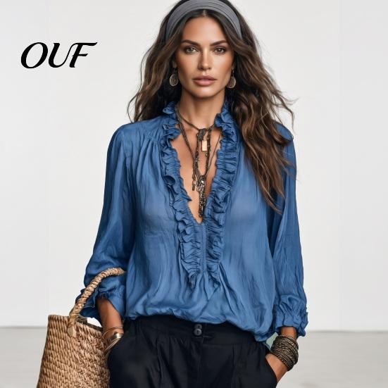 Classic Fall Top Women Ruffle V-Neck Top, Solid Color Casual Long Sleeve Shirt Pullover Shirt, Retro Pleated Loose Blouse for Autumn