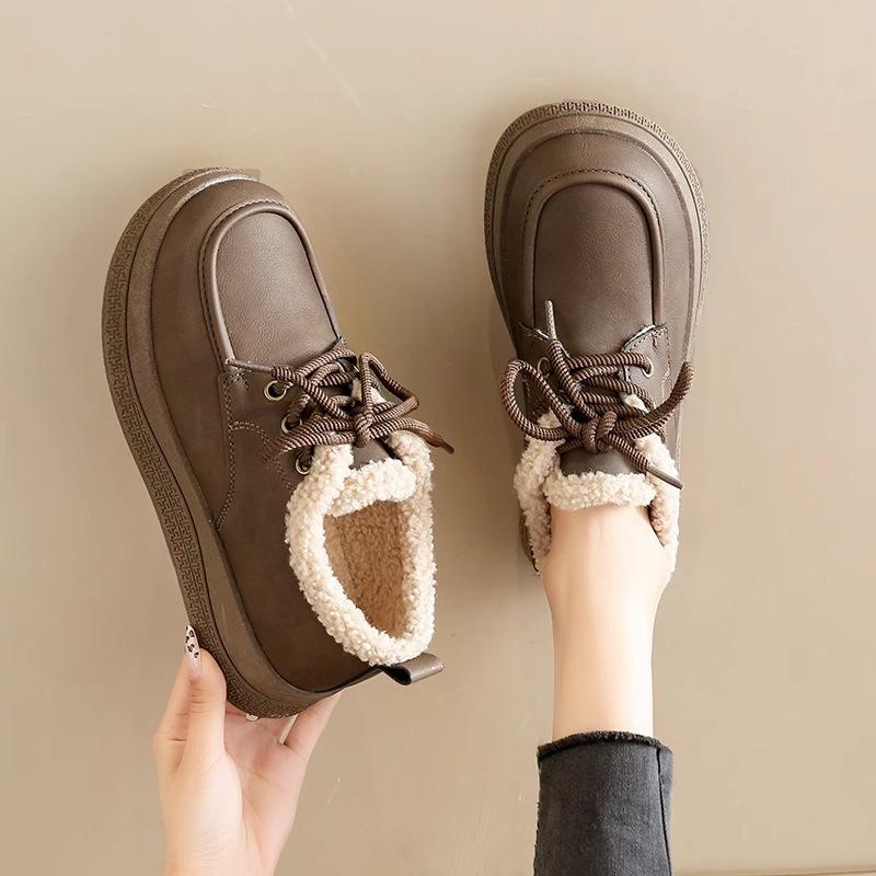 Leather wool velvet snow boots women's new winter thickened warm platform cotton shoes non-slip