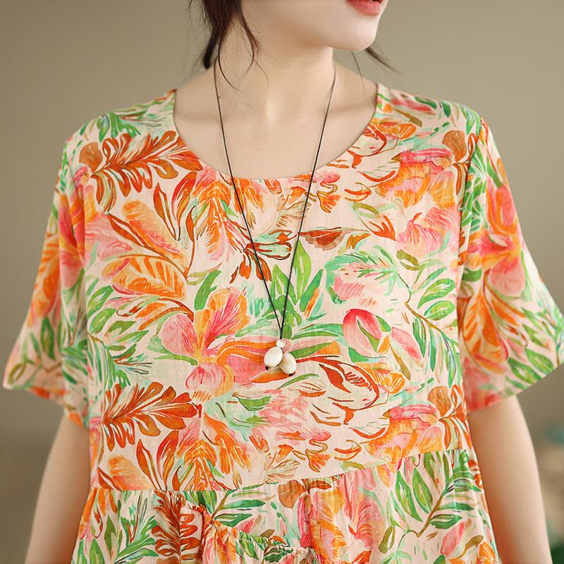 DIMANAF New 2026 Women Plus Size Summer Casual Long Dress Cotton Loose Oversize Floral Print Beach Sundress