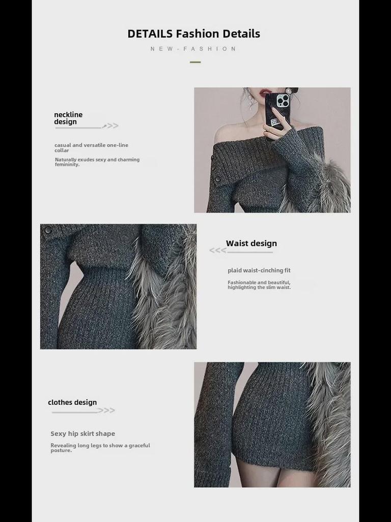 "American Hot Girl Fashion One-Shoulder Knitted Short Sweater Dress for Women - Autumn/Winter"
