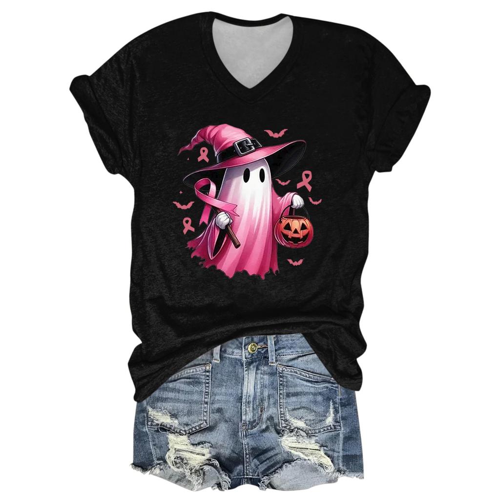 Damen Casual Halloween Bedrucktes V-Ausschnitt Kurzarm T-Shirt