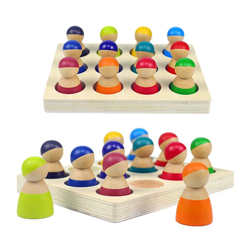 Montessori Sorting Board Puzzle Game Solid Wood Rainbow/Macaron Color Tray Villain Bead Color Cognition Matching Educational Toy