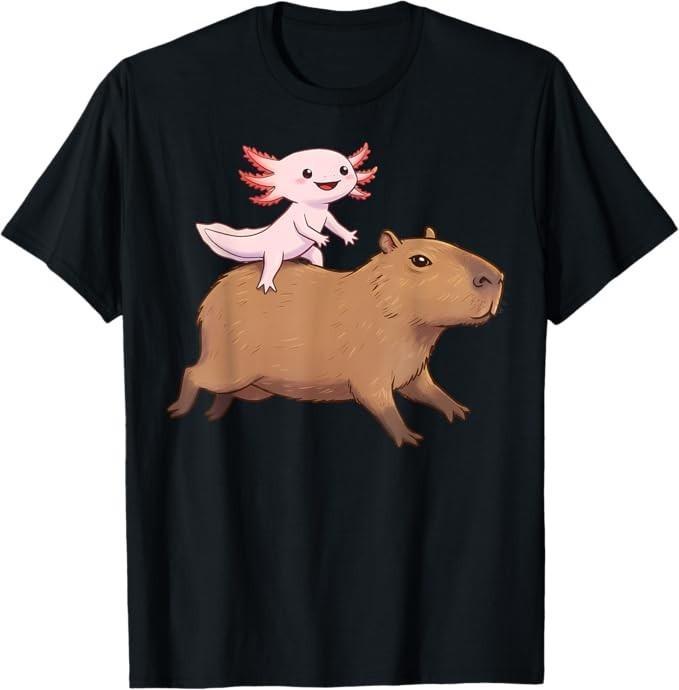 Funny Kawaii Axolotl and Capybara Lover Unisex T-Shirt M