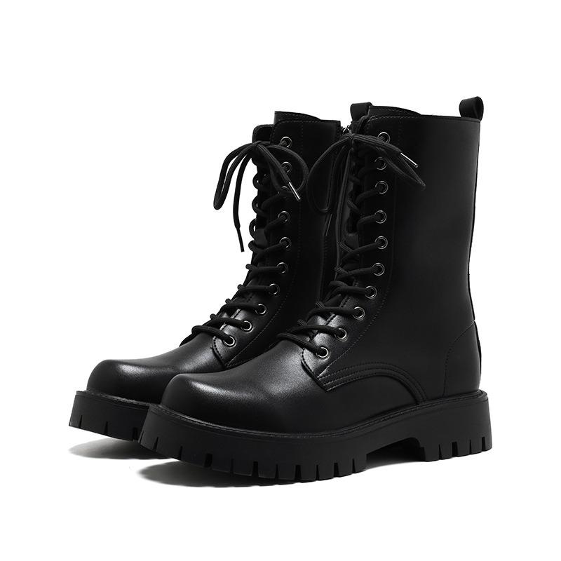 2025New Men's High-top Boots Punk Style Motorcycle Boots Classic Black Casual Leather Boot Lace Up Mid-Calf Platform Boots Botas