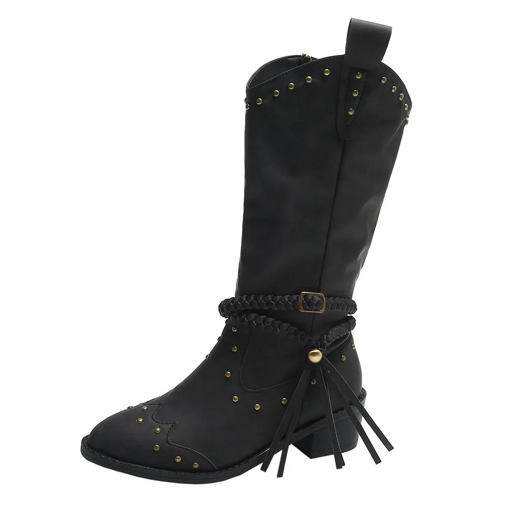 Fashion Women's Long Boot Retro Pointed Toe Knight Boots Shoes Autumn Winter Medium Thick Heel Fashion Belt Buckle Femme Shoes Size36-42