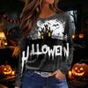 Women's Round Neck Long Sleeve Top with Halloween Print and Side Slit for Fall Festive Occasions