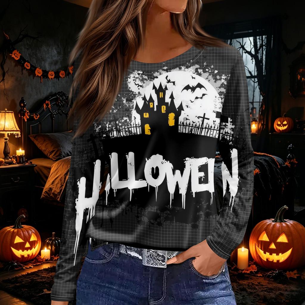 Women's Round Neck Long Sleeve Top with Halloween Print and Side Slit for Fall Festive Occasions