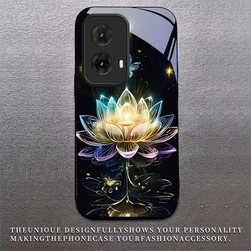 Crystal Lotus Art Black Glass Phone Case For Motorola Moto G14 G22 G24Power G24 G34 G35 G45 G54 55 G75 G84 85 Hard Black Cover