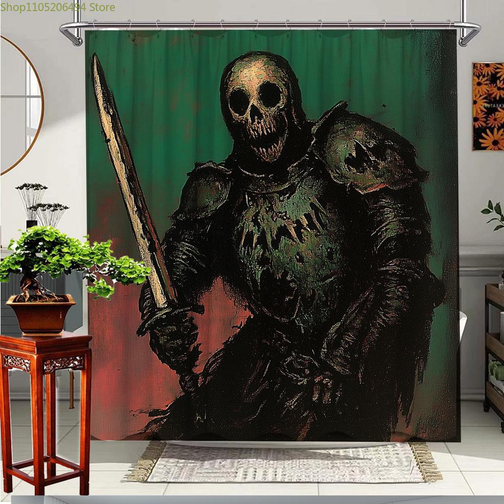 1pc Knight Warrior Medieval Armor Sword Printed Shower Curtain Dark Green Black Red Battleground Design Fashion Home Curtains