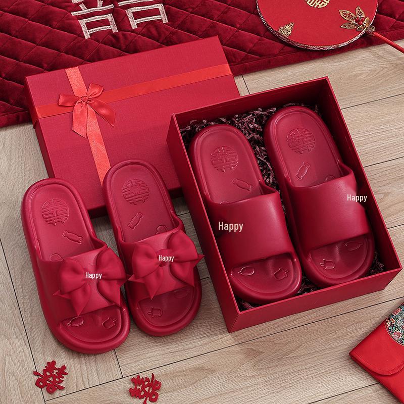 Festive Wine Red Bride Slippers: Luxurious, Comfy Summer Footwear